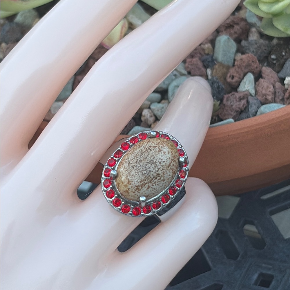 Picture Jasper CZ Ruby Stainless Steal Ring Cabochon Halo Bold Statement Sz 7.25